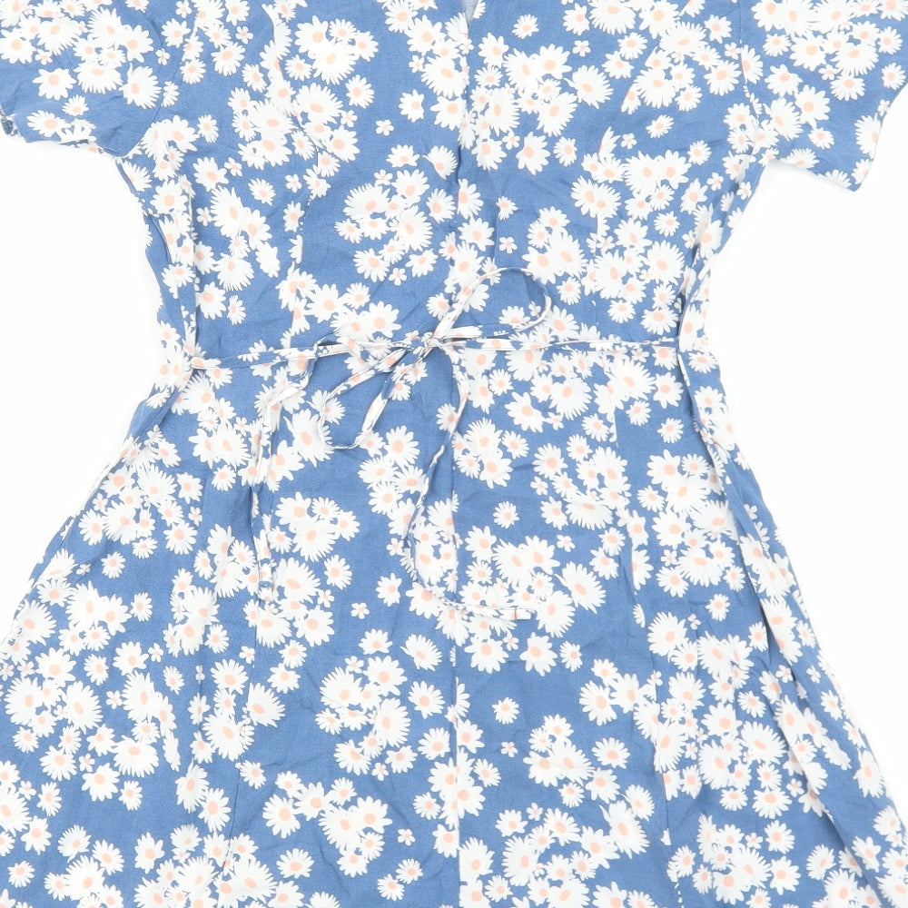 New Look Womens Blue Floral Viscose A-Line Size 6 Round Neck Pullover