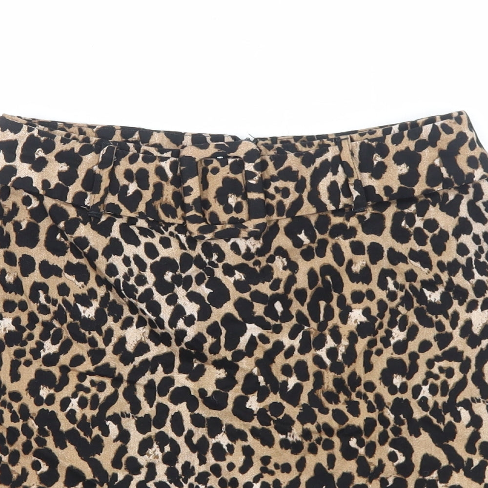 Primark Womens Brown Animal Print Cotton Mini Skirt Size 4 Zip - Leopard Pattern