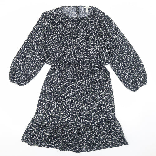 H&M Womens Blue Floral Viscose A-Line Size S Round Neck Pullover