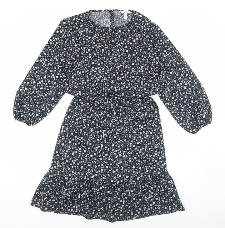 H&M Womens Blue Floral Viscose A-Line Size S Round Neck Pullover