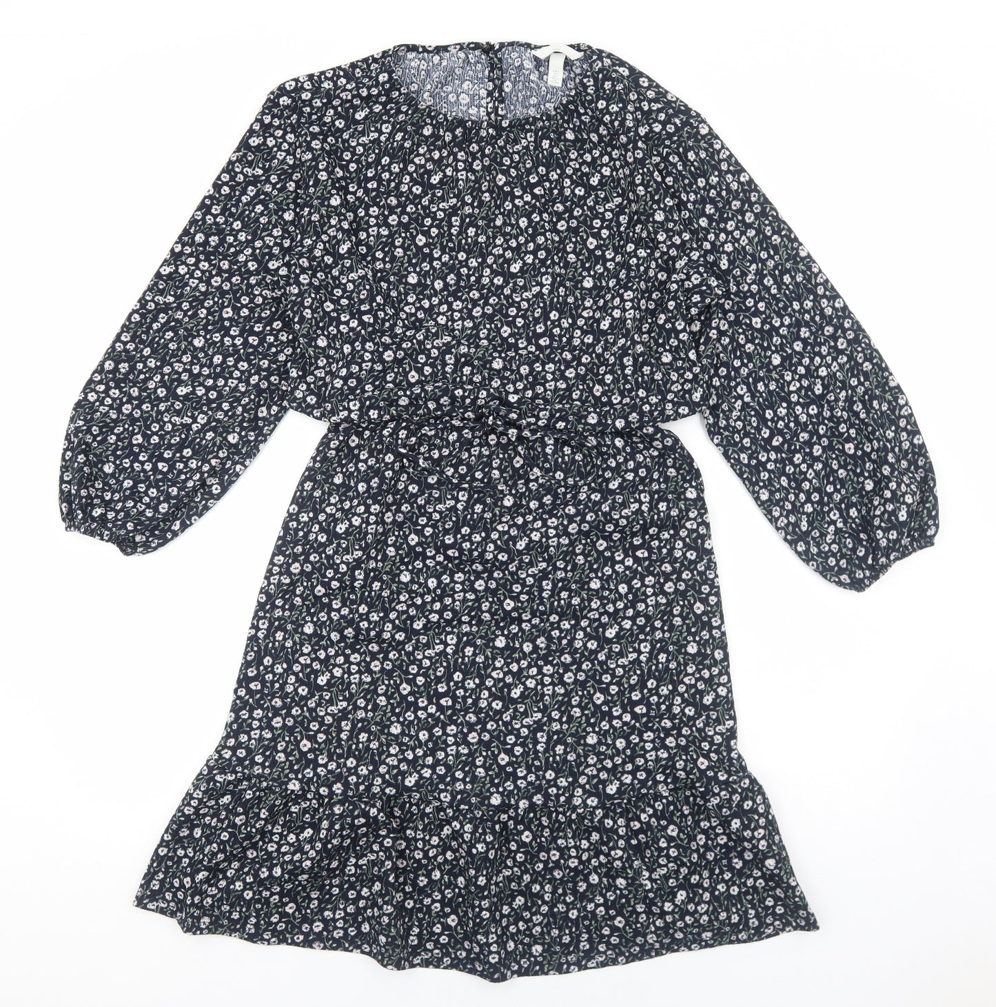 H&M Womens Blue Floral Viscose A-Line Size S Round Neck Pullover