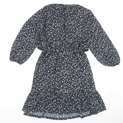 H&M Womens Blue Floral Viscose A-Line Size S Round Neck Pullover