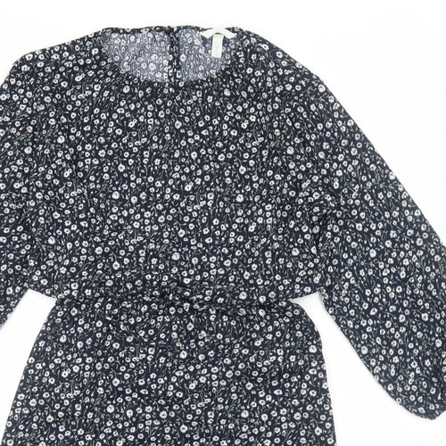 H&M Womens Blue Floral Viscose A-Line Size S Round Neck Pullover