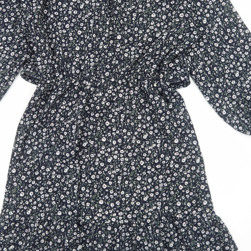 H&M Womens Blue Floral Viscose A-Line Size S Round Neck Pullover