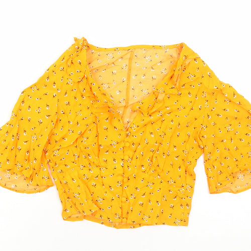 Preworn Womens Orange Floral Viscose Basic Blouse Size S V-Neck