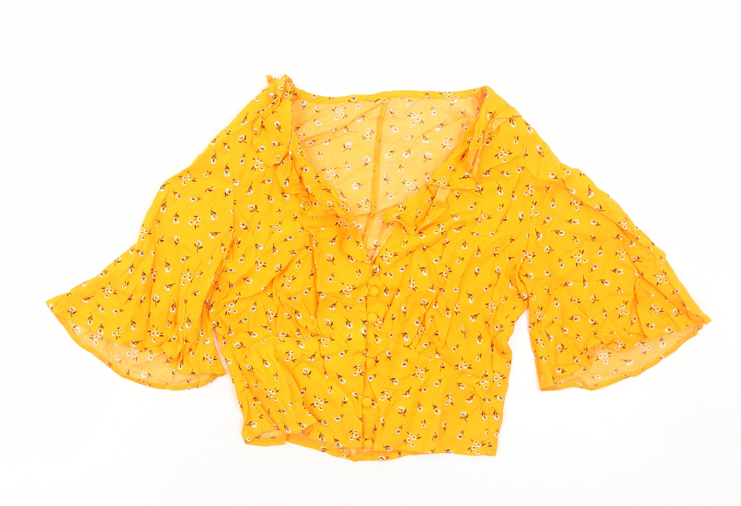 Preworn Womens Orange Floral Viscose Basic Blouse Size S V-Neck