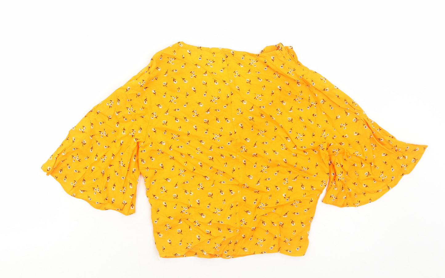 Preworn Womens Orange Floral Viscose Basic Blouse Size S V-Neck