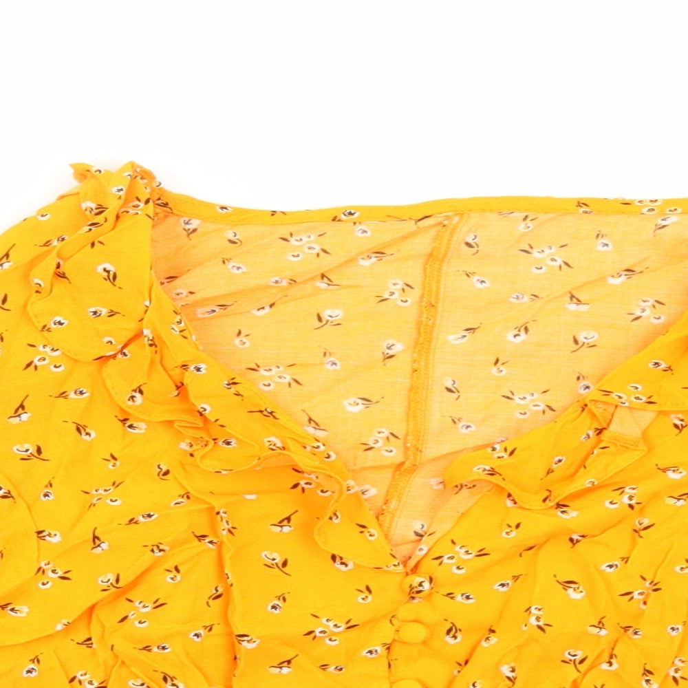 Preworn Womens Orange Floral Viscose Basic Blouse Size S V-Neck