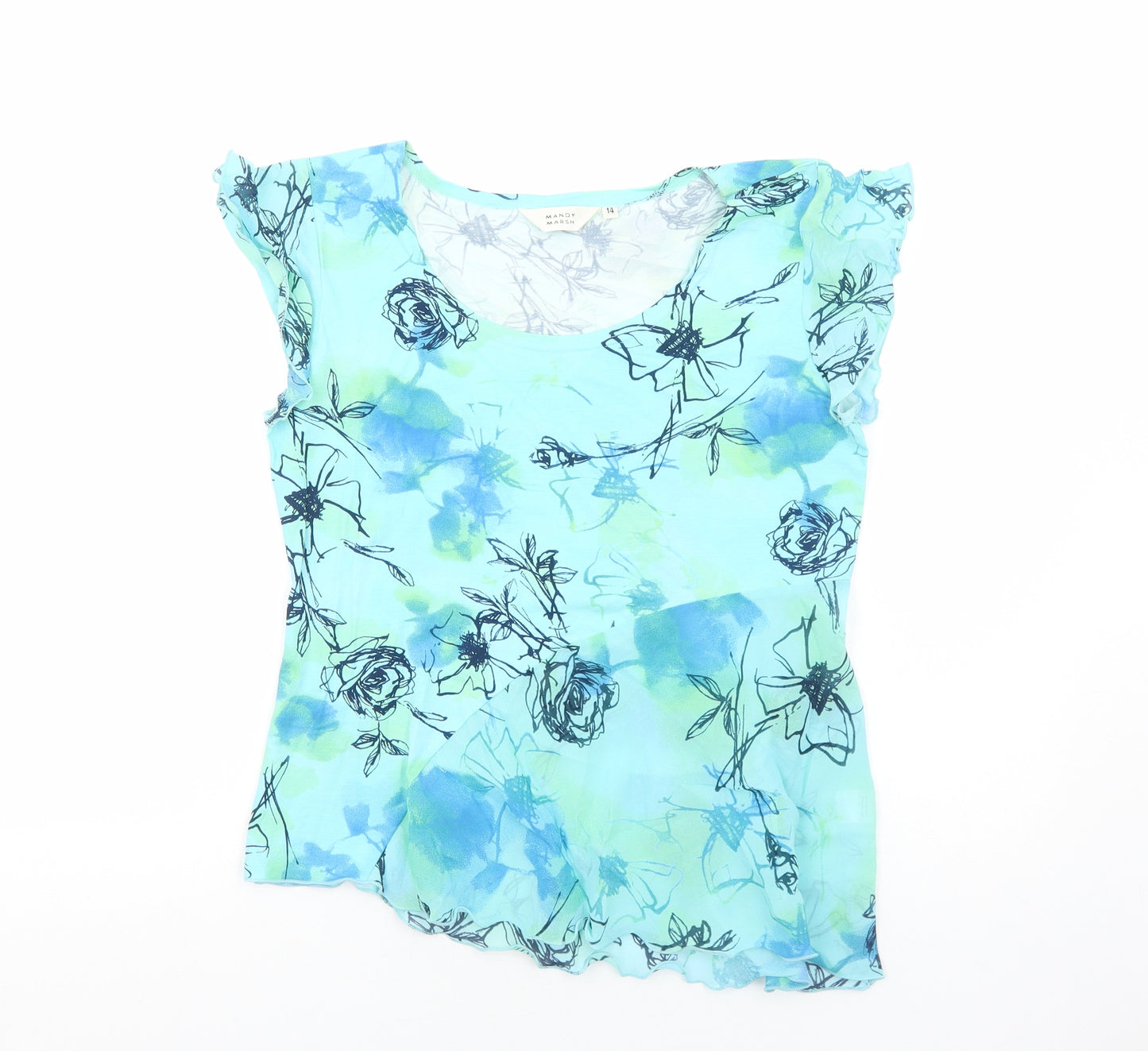 Mandy Marsh Womens Blue Floral Polyester Basic Blouse Size 14 Scoop Neck