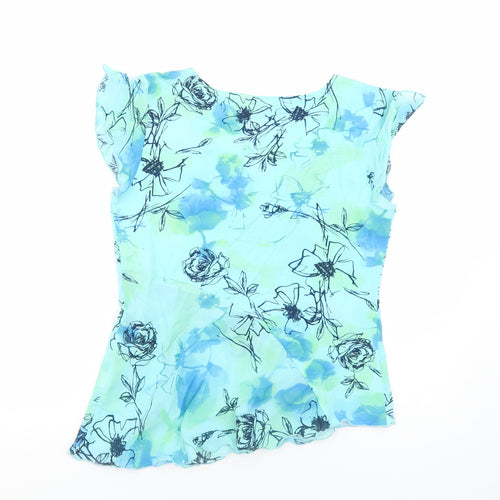 Mandy Marsh Womens Blue Floral Polyester Basic Blouse Size 14 Scoop Neck