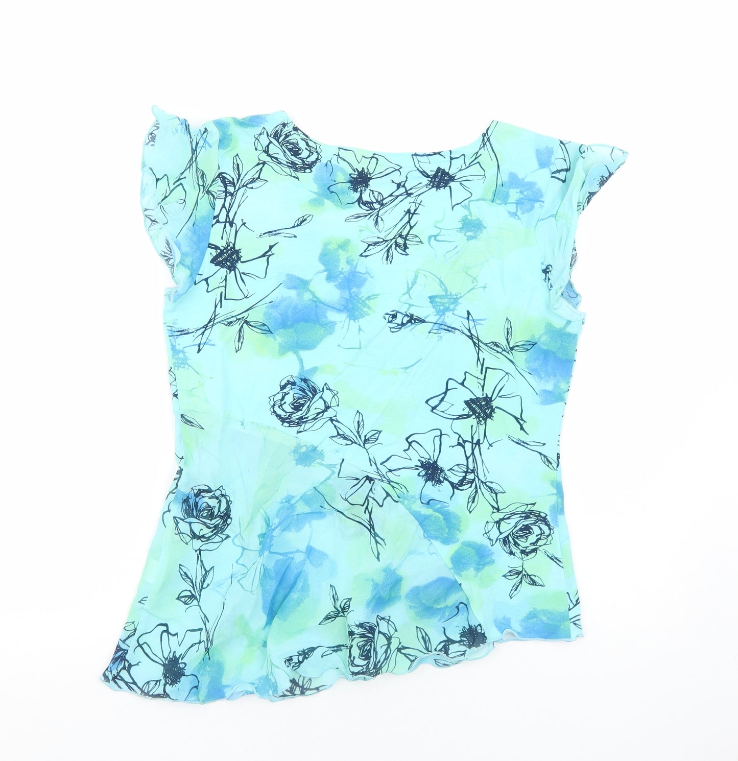 Mandy Marsh Womens Blue Floral Polyester Basic Blouse Size 14 Scoop Neck