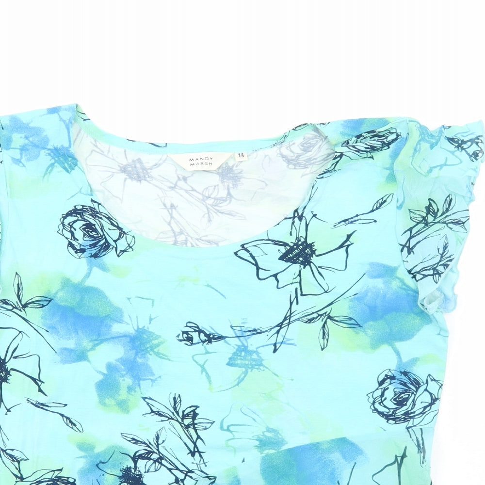 Mandy Marsh Womens Blue Floral Polyester Basic Blouse Size 14 Scoop Neck