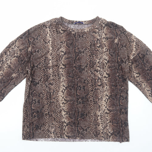 Zara Womens Brown Animal Print Polyester Basic T-Shirt Size S Round Neck - Snake print