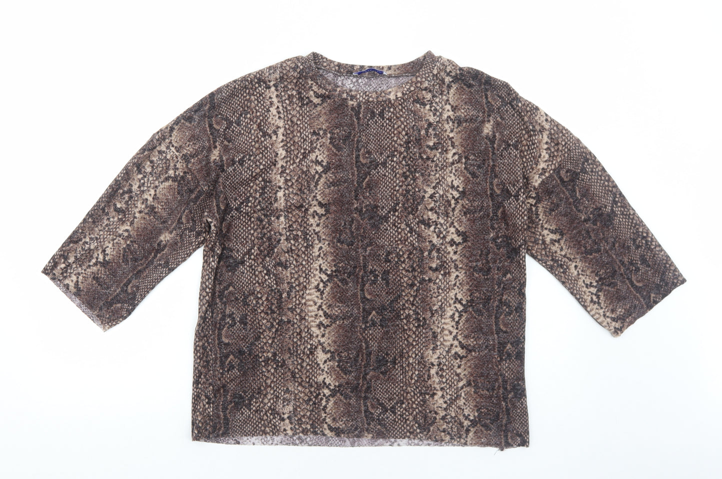 Zara Womens Brown Animal Print Polyester Basic T-Shirt Size S Round Neck - Snake print