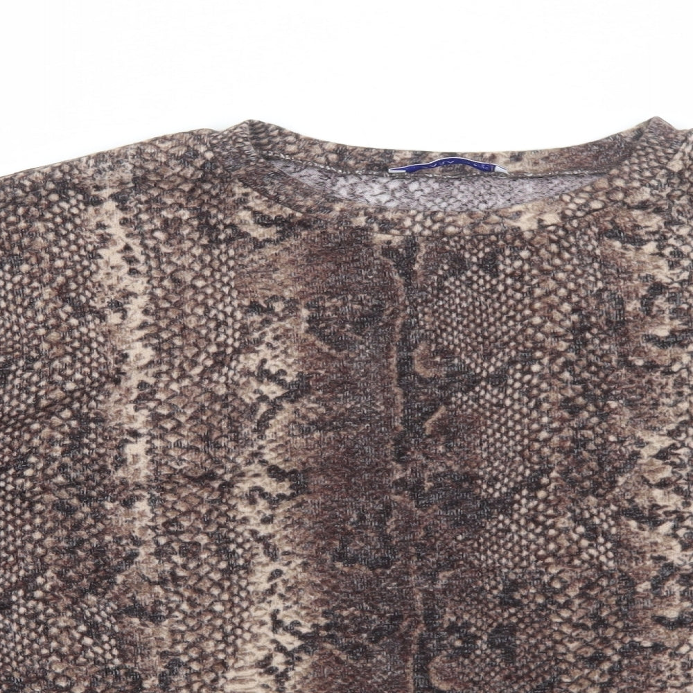 Zara Womens Brown Animal Print Polyester Basic T-Shirt Size S Round Neck - Snake print