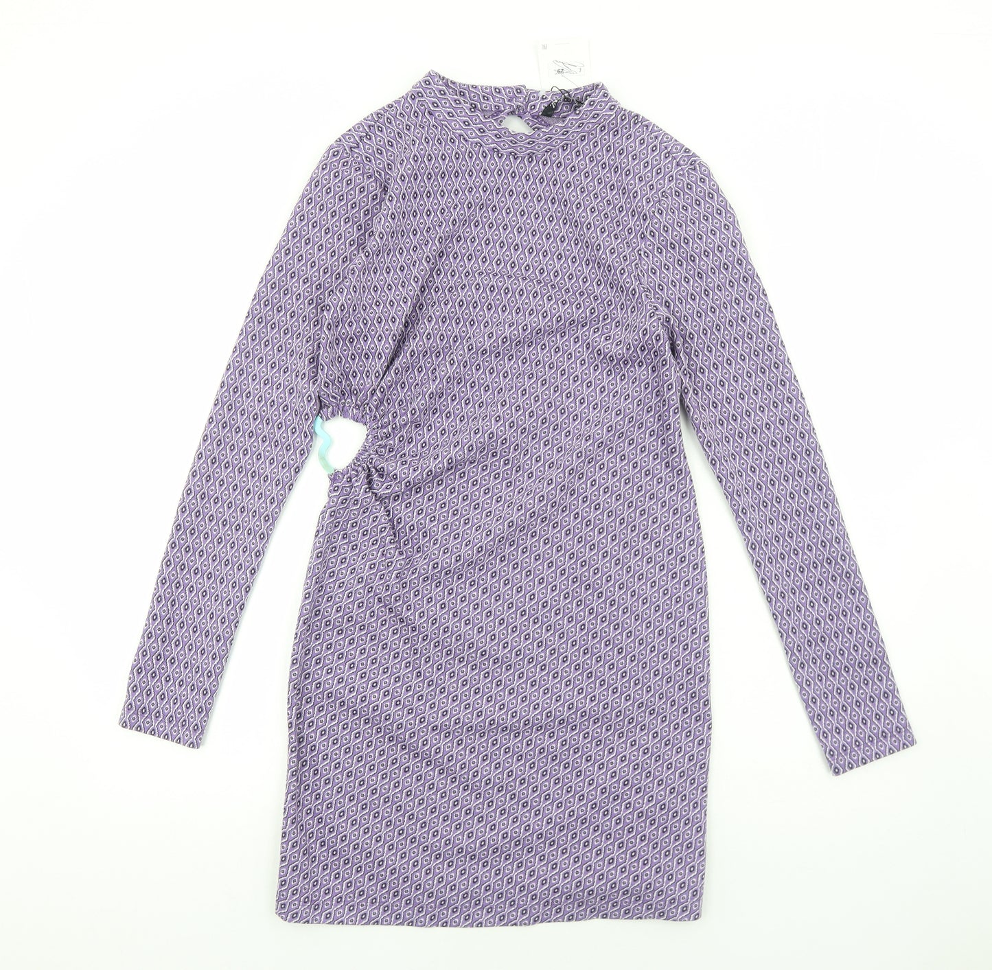 Zara Womens Purple Geometric Viscose Bodycon Size L High Neck Pullover - Cut Out Back Detail