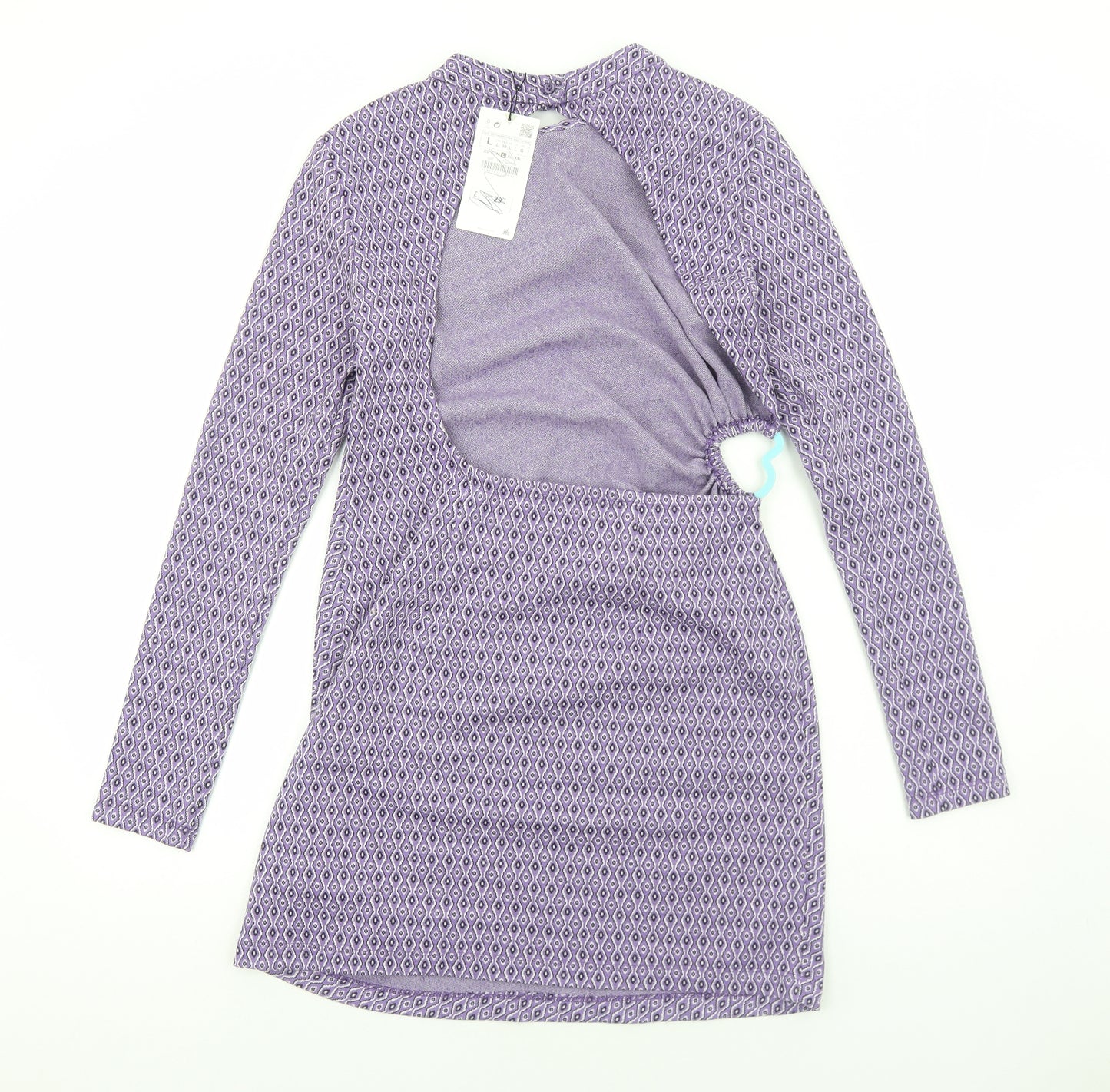 Zara Womens Purple Geometric Viscose Bodycon Size L High Neck Pullover - Cut Out Back Detail