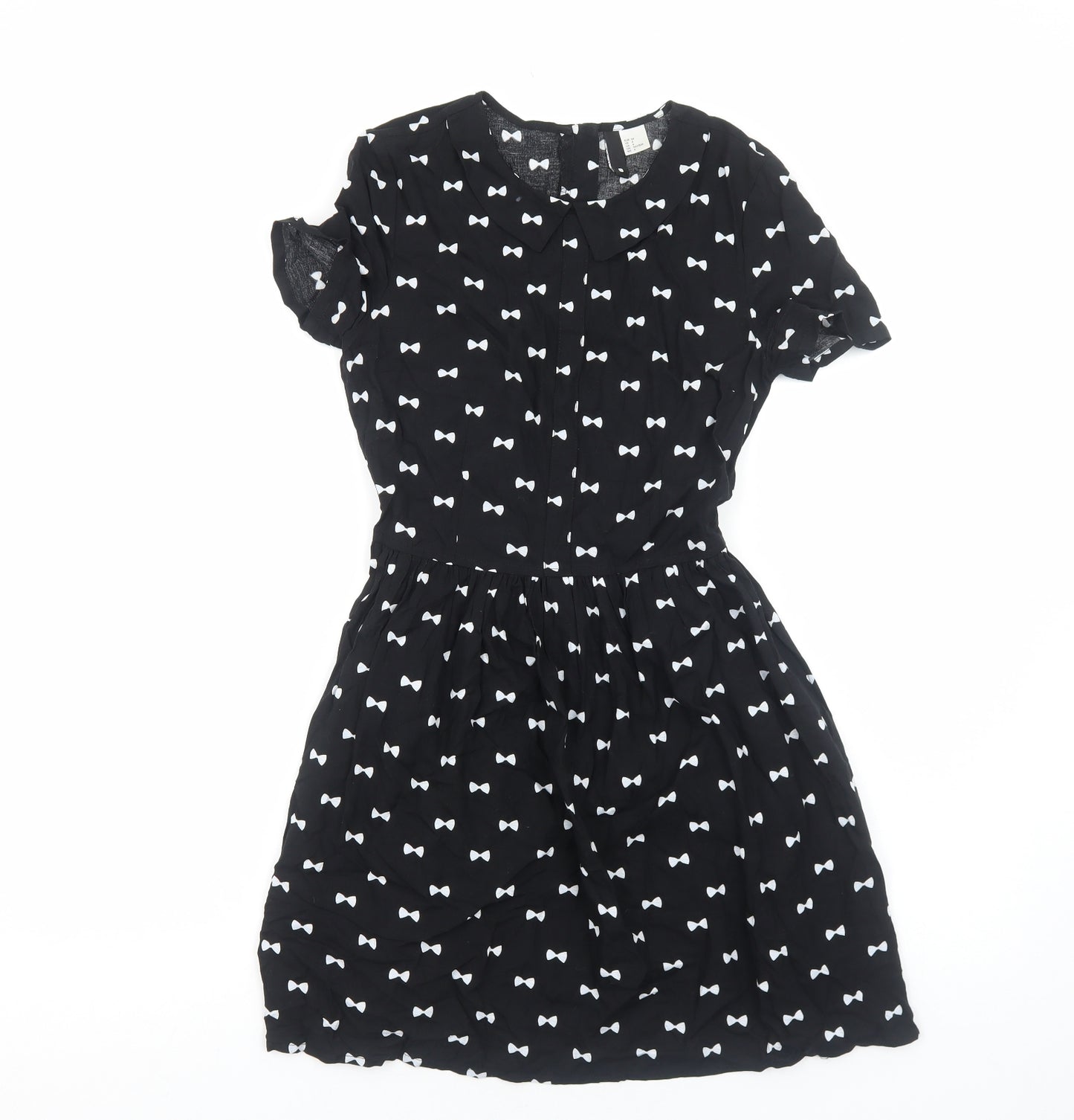 H&M Womens Black Geometric Viscose Skater Dress Size 8 Collared Zip
