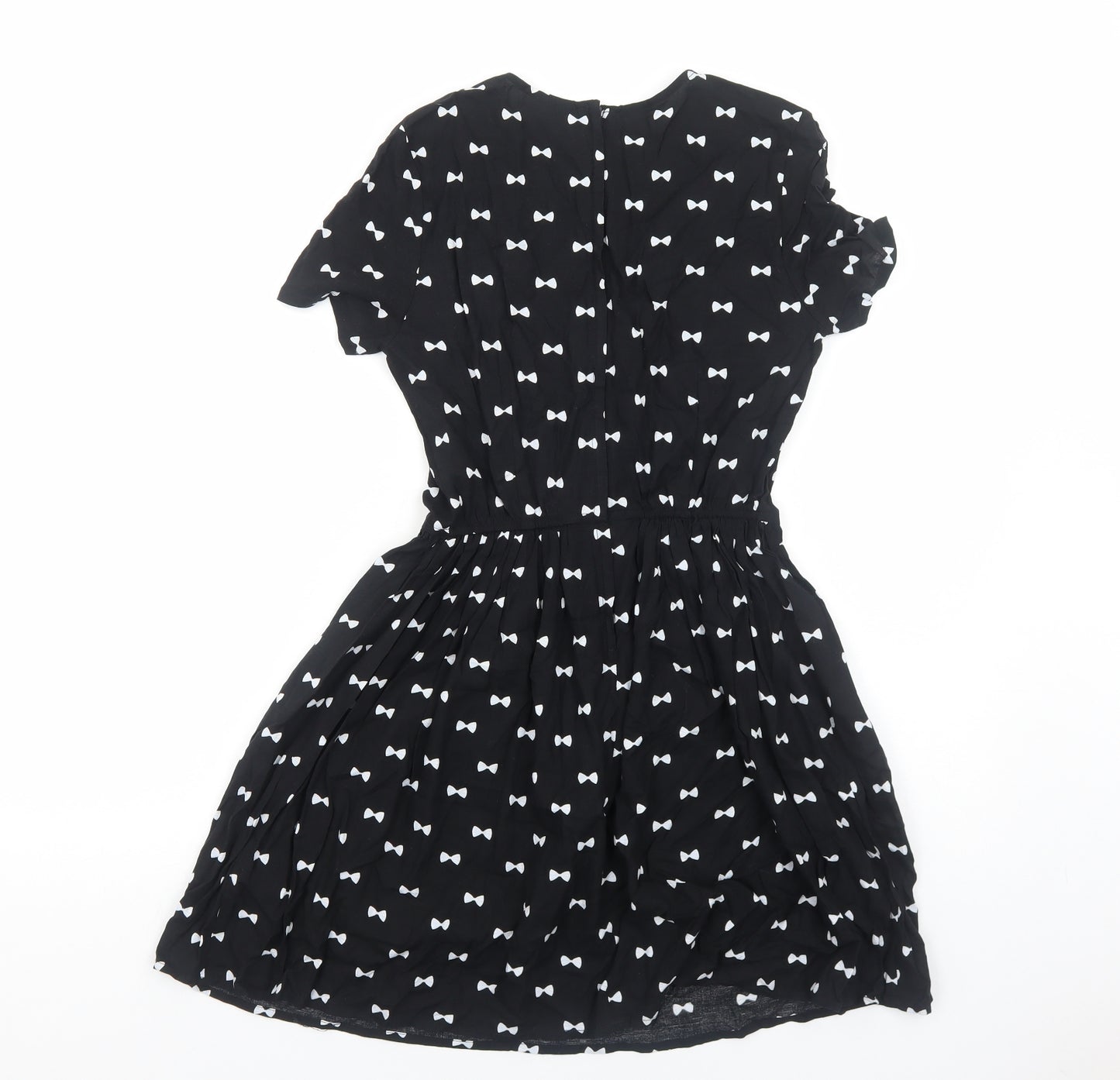 H&M Womens Black Geometric Viscose Skater Dress Size 8 Collared Zip