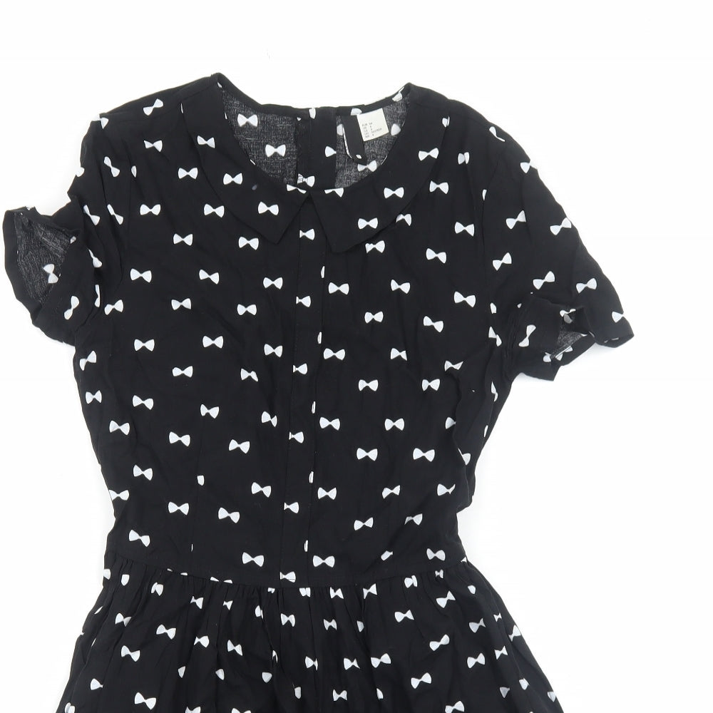 H&M Womens Black Geometric Viscose Skater Dress Size 8 Collared Zip
