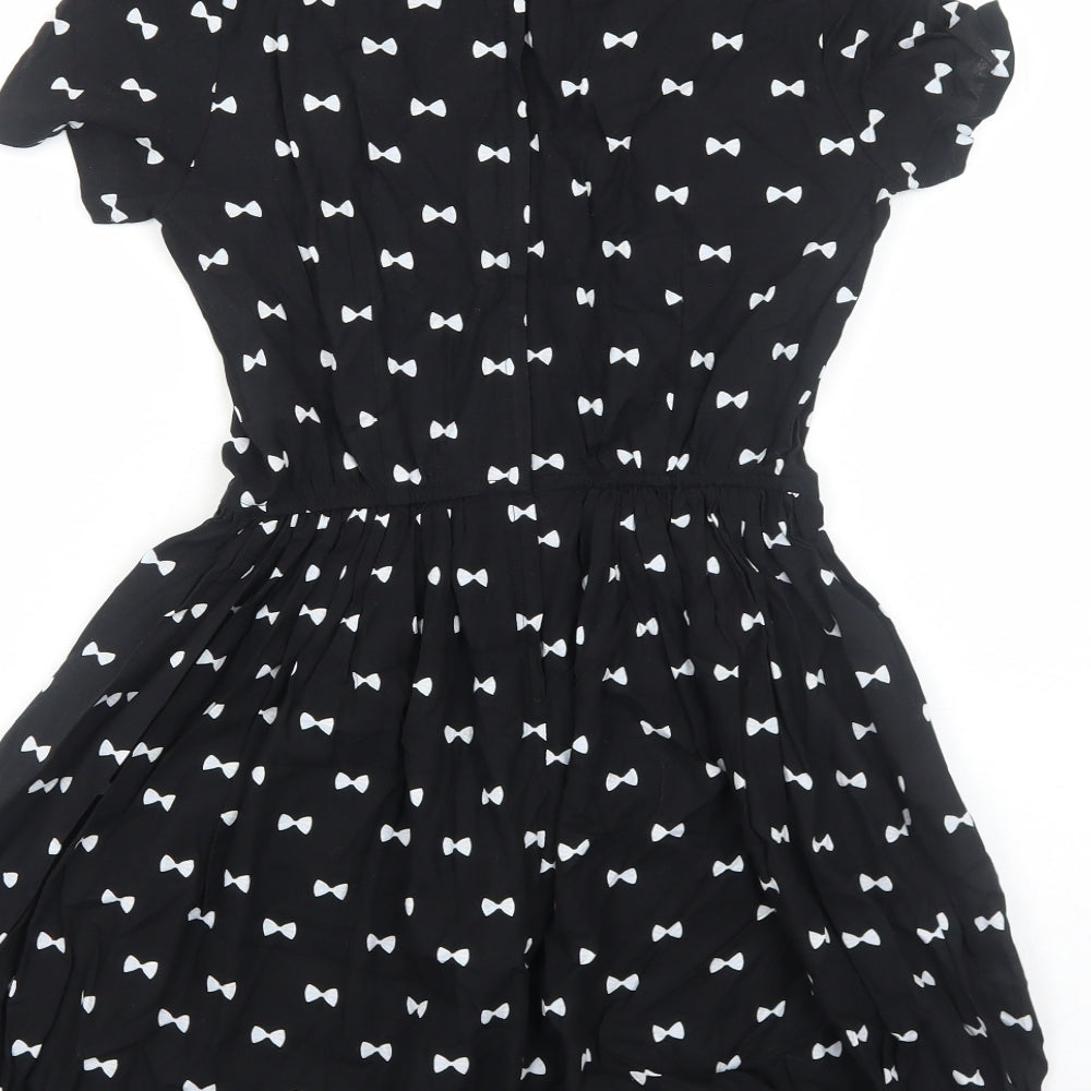 H&M Womens Black Geometric Viscose Skater Dress Size 8 Collared Zip