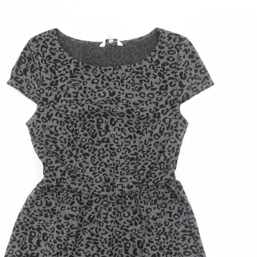 New Look Womens Grey Animal Print Polyester A-Line Size 10 Scoop Neck Pullover - Leopard print