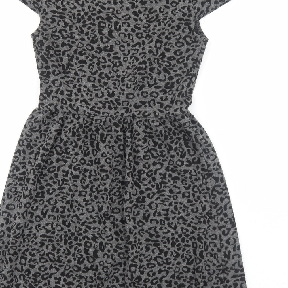 New Look Womens Grey Animal Print Polyester A-Line Size 10 Scoop Neck Pullover - Leopard print