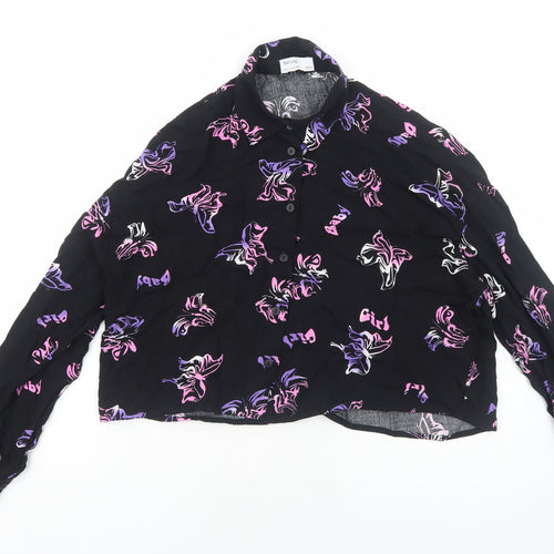 Bershka Womens Black Geometric Viscose Basic Button-Up Size XS Collared - Butterfly