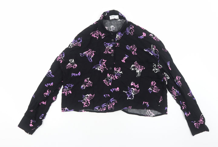 Bershka Womens Black Geometric Viscose Basic Button-Up Size XS Collared - Butterfly