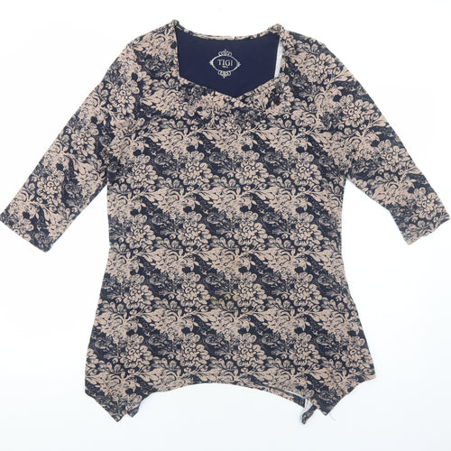 TIGI Womens Blue Floral Viscose Basic T-Shirt Size 10 Square Neck