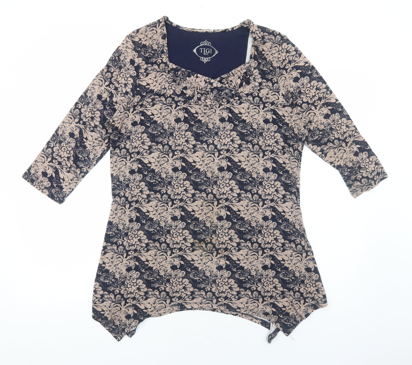 TIGI Womens Blue Floral Viscose Basic T-Shirt Size 10 Square Neck