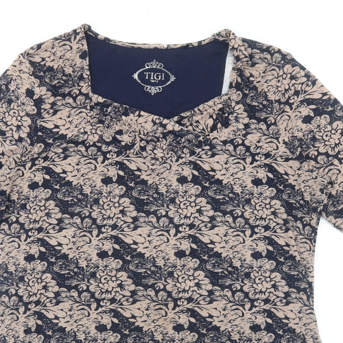 TIGI Womens Blue Floral Viscose Basic T-Shirt Size 10 Square Neck