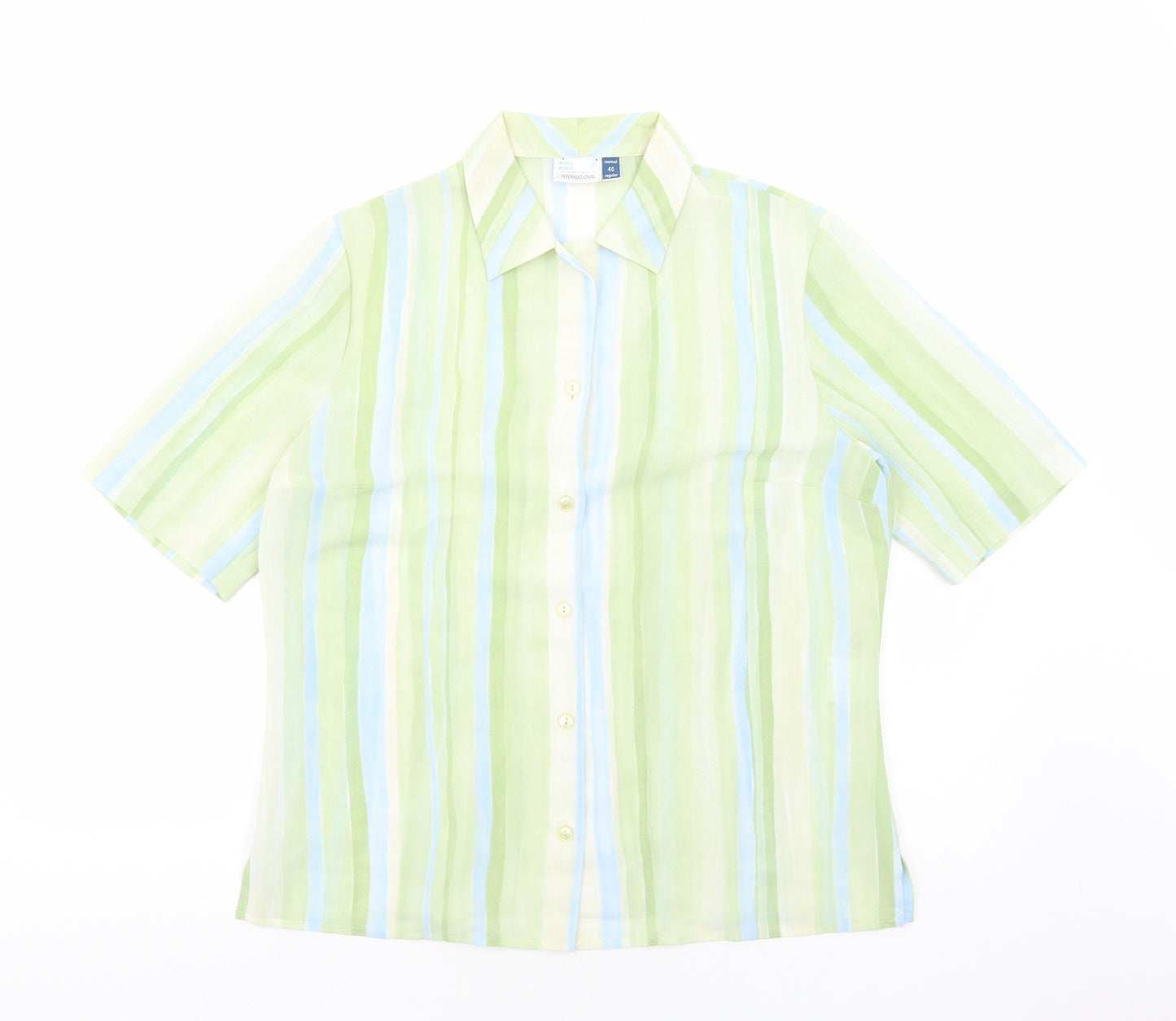 Preworn Womens Green Striped Polyester Basic Button-Up Size 12 Collared