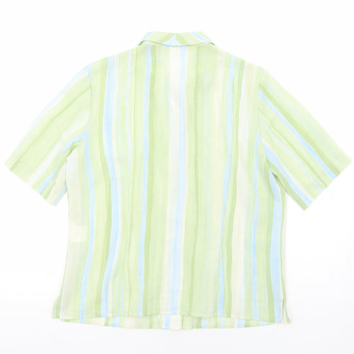 Preworn Womens Green Striped Polyester Basic Button-Up Size 12 Collared