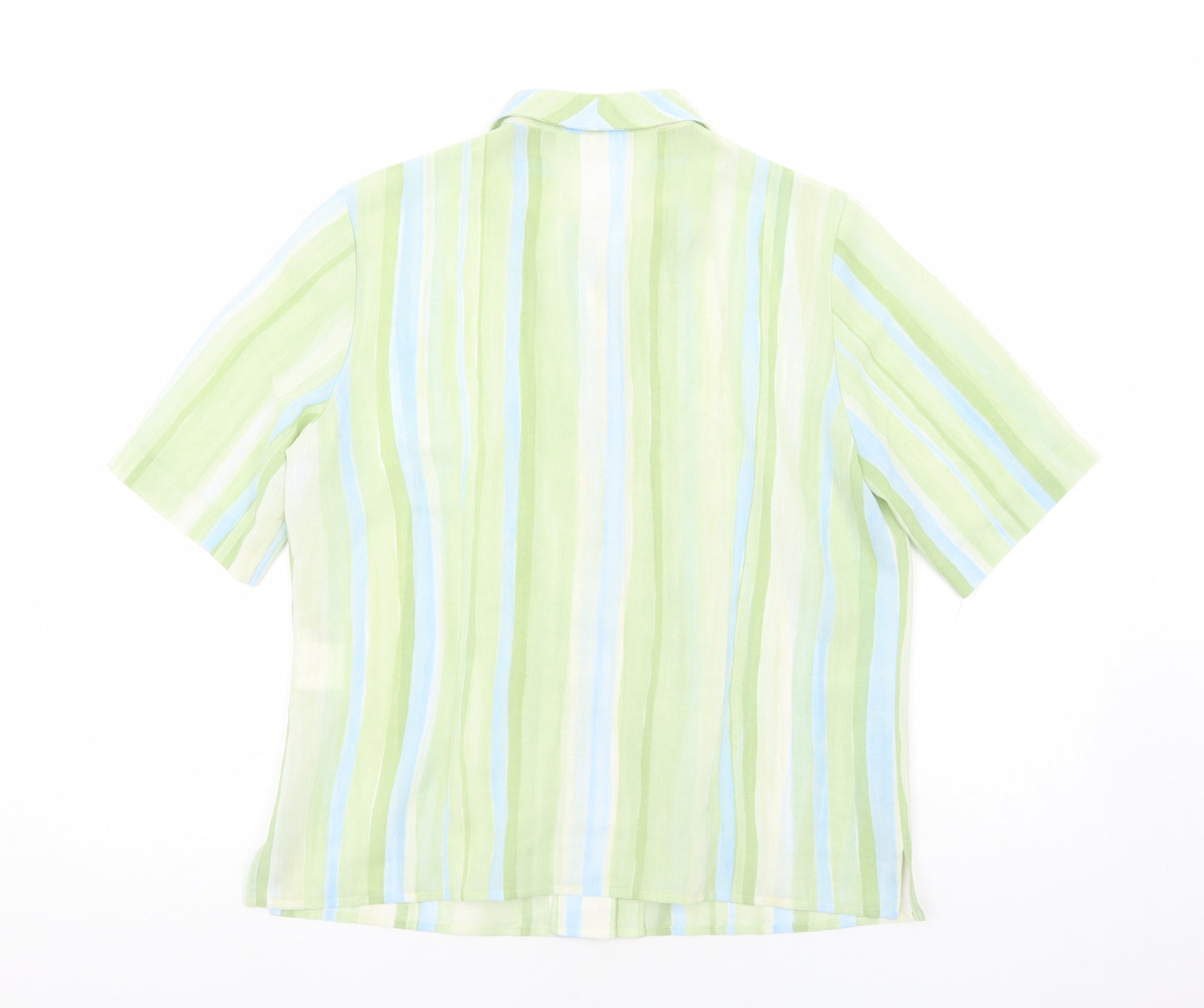 Preworn Womens Green Striped Polyester Basic Button-Up Size 12 Collared
