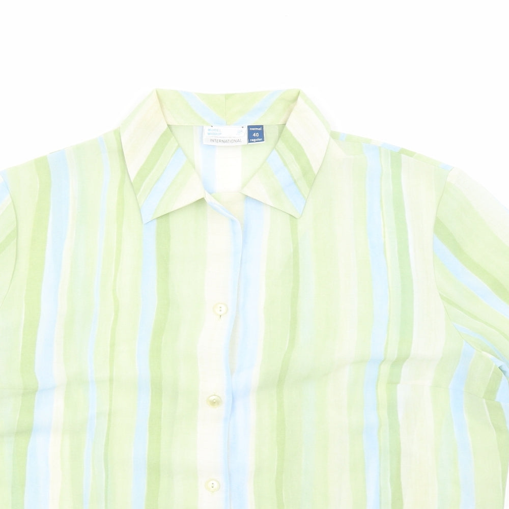 Preworn Womens Green Striped Polyester Basic Button-Up Size 12 Collared