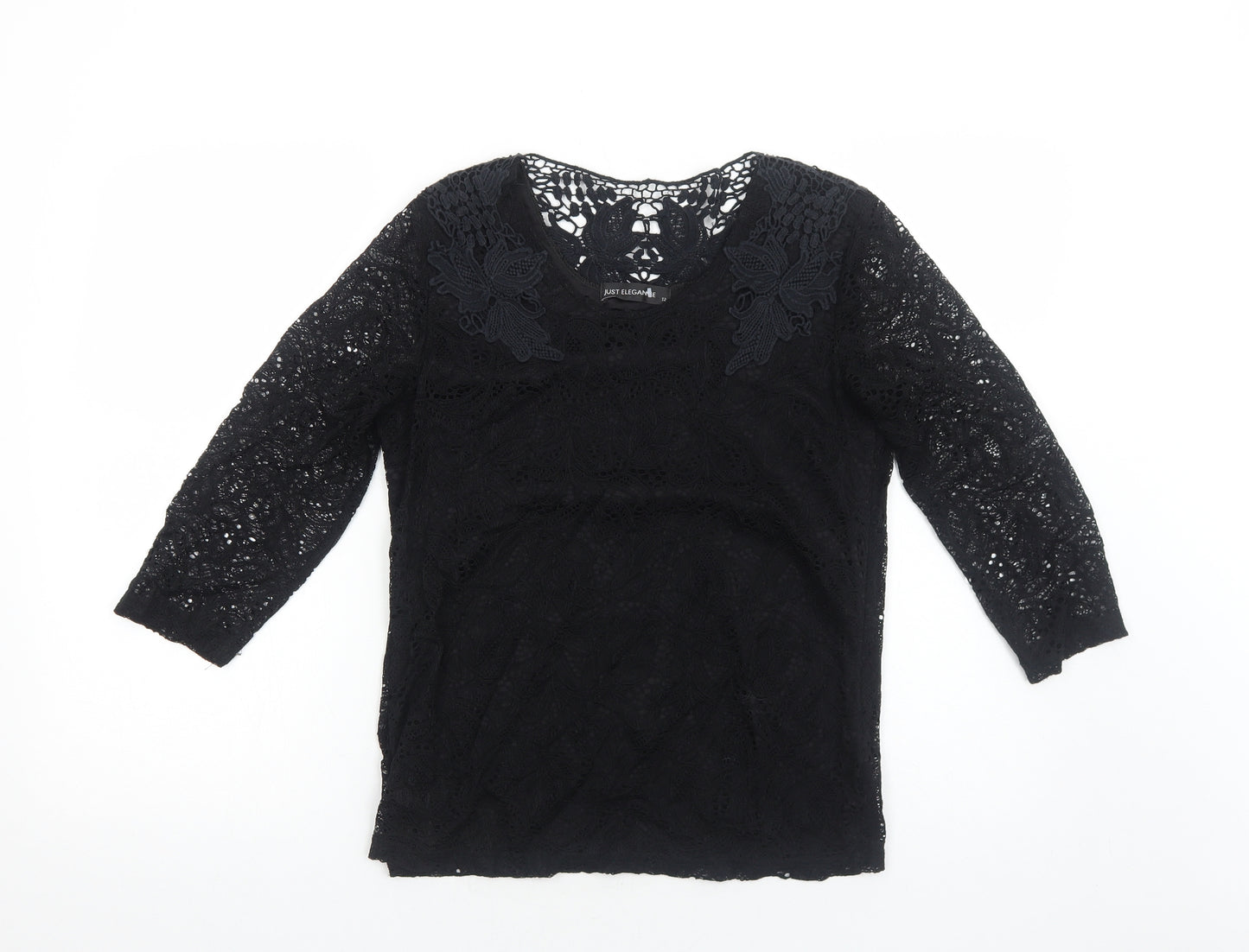 Just Elegance Womens Black Cotton Basic Blouse Size 12 Round Neck