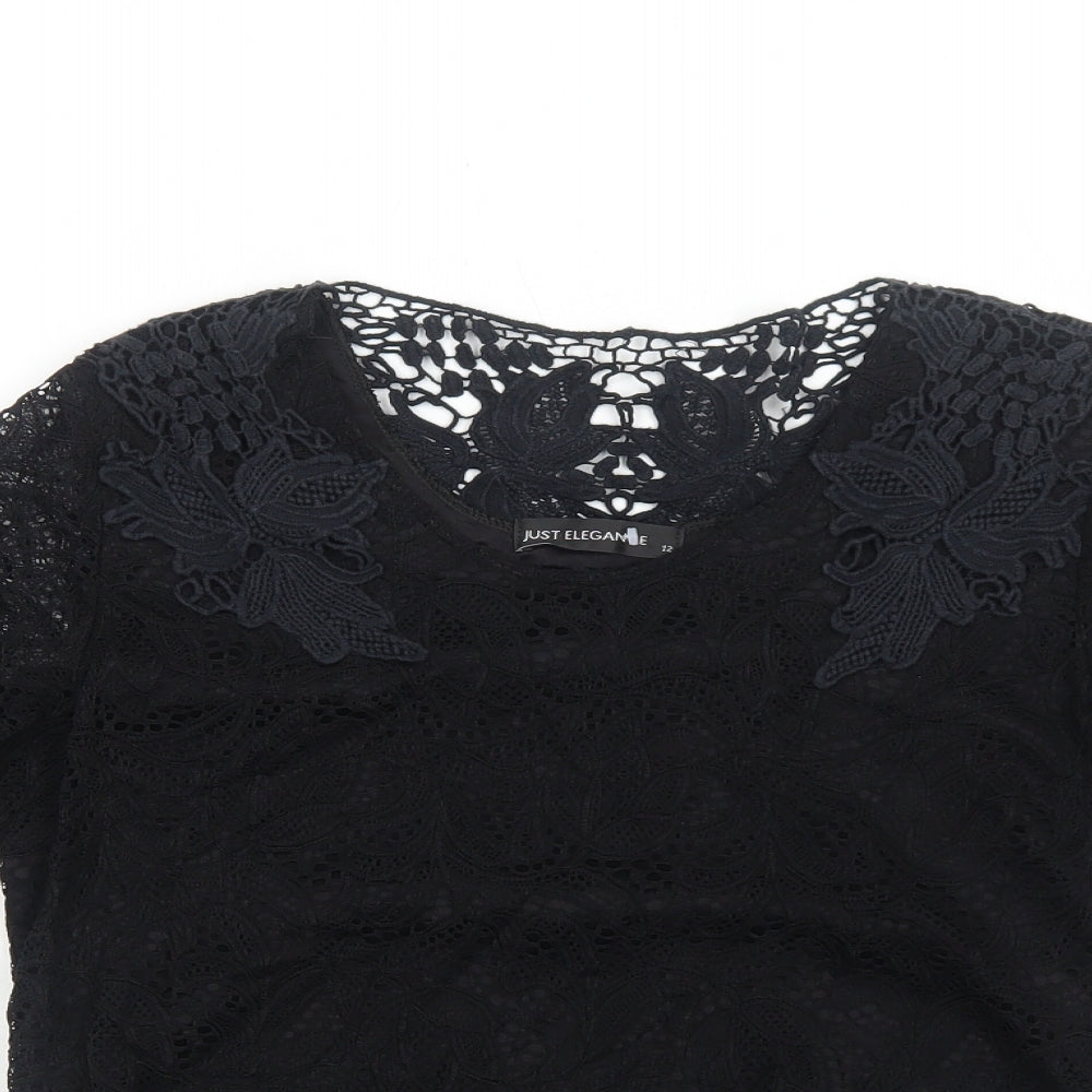 Just Elegance Womens Black Cotton Basic Blouse Size 12 Round Neck