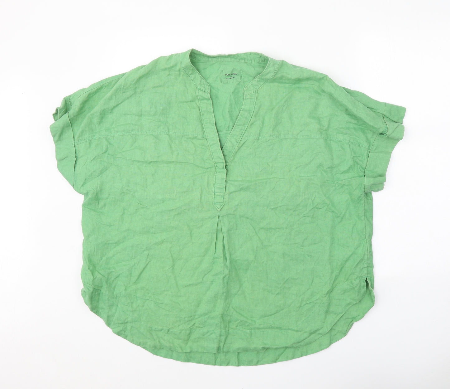 Marks and Spencer Womens Green Linen Basic Blouse Size 18 V-Neck