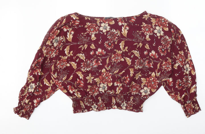 Marks and Spencer Womens Red Floral Viscose Basic Blouse Size 14 Round Neck