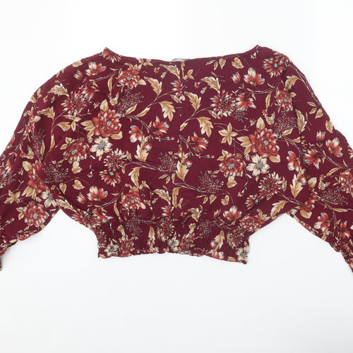 Marks and Spencer Womens Red Floral Viscose Basic Blouse Size 14 Round Neck