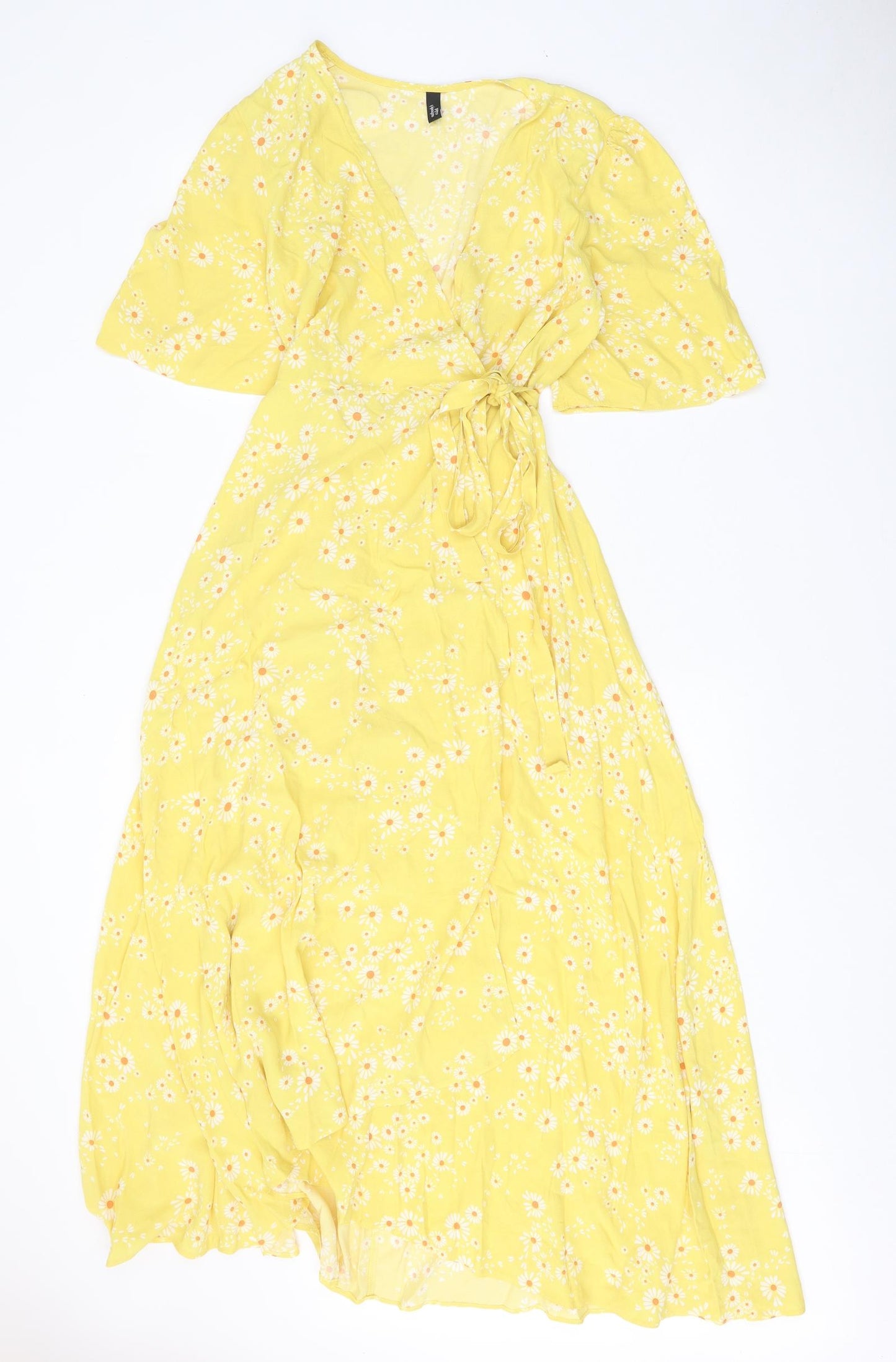 Nobody's Child Womens Yellow Floral Viscose Wrap Dress Size 10 V-Neck Tie