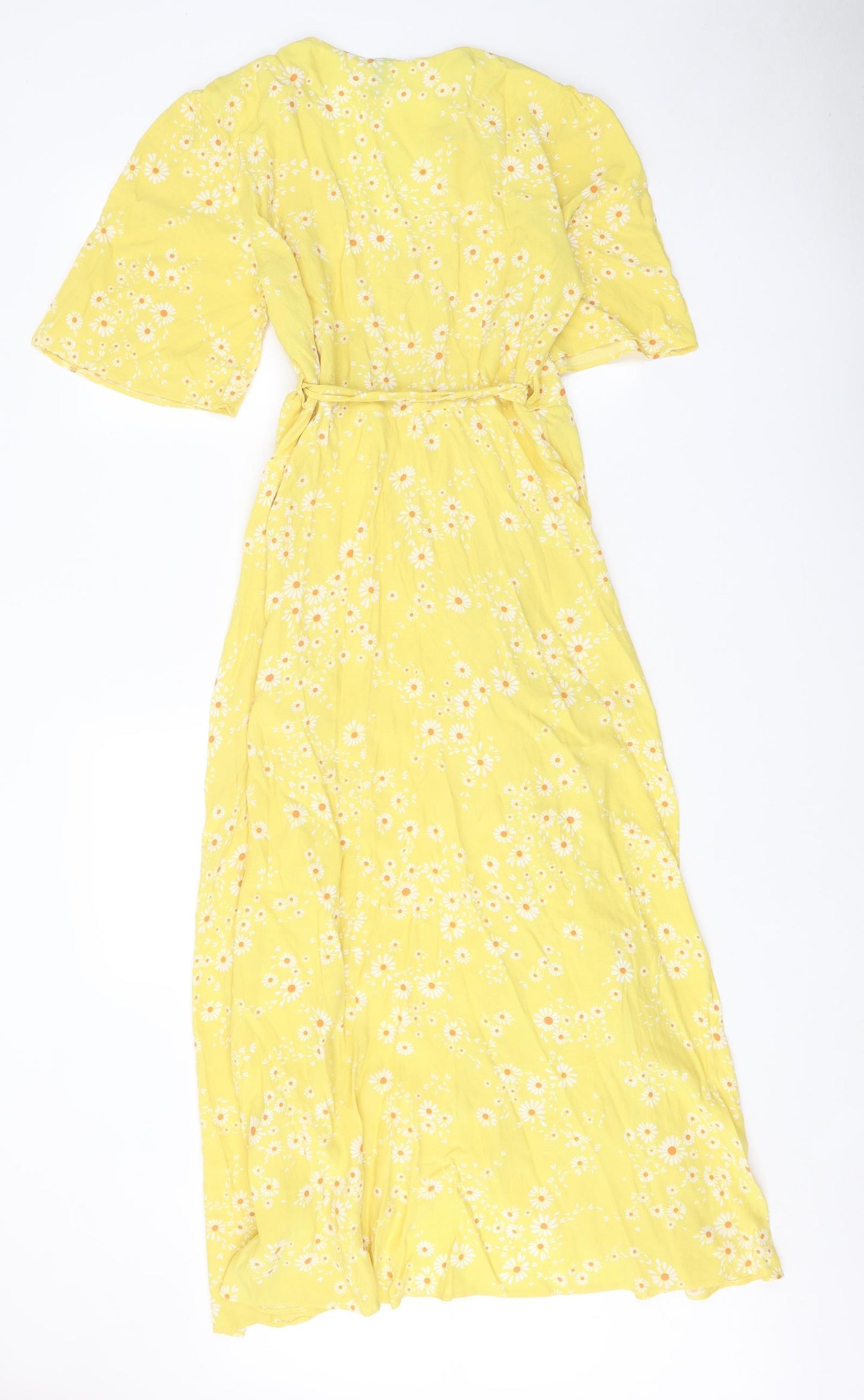 Nobody's Child Womens Yellow Floral Viscose Wrap Dress Size 10 V-Neck Tie