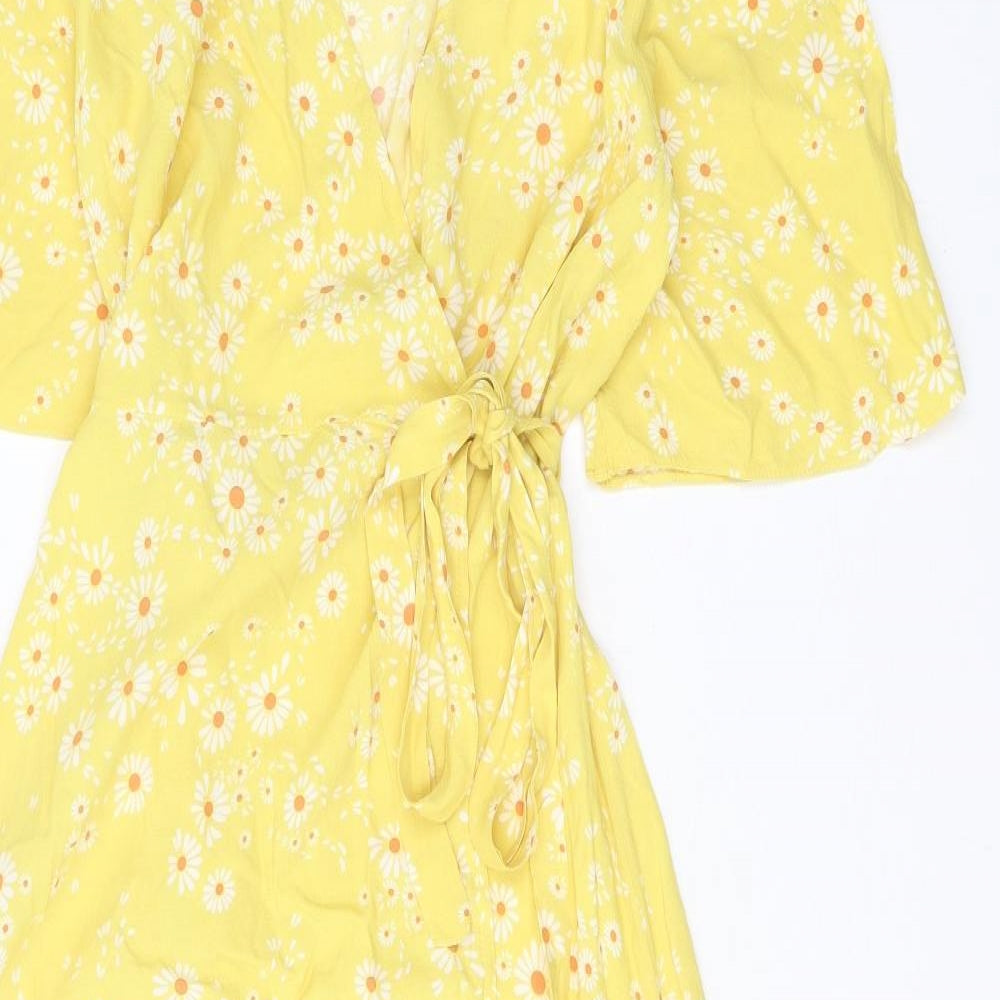 Nobody's Child Womens Yellow Floral Viscose Wrap Dress Size 10 V-Neck Tie