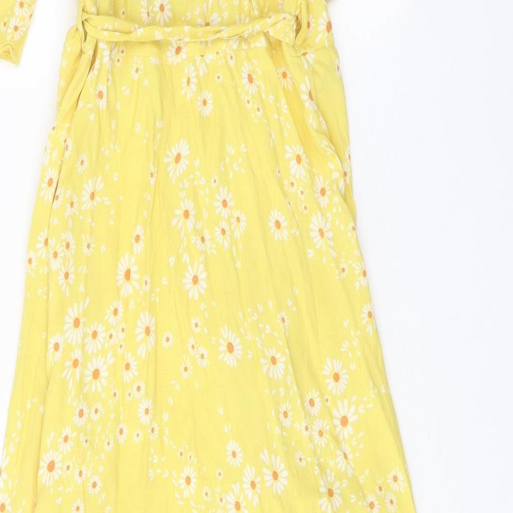 Nobody's Child Womens Yellow Floral Viscose Wrap Dress Size 10 V-Neck Tie