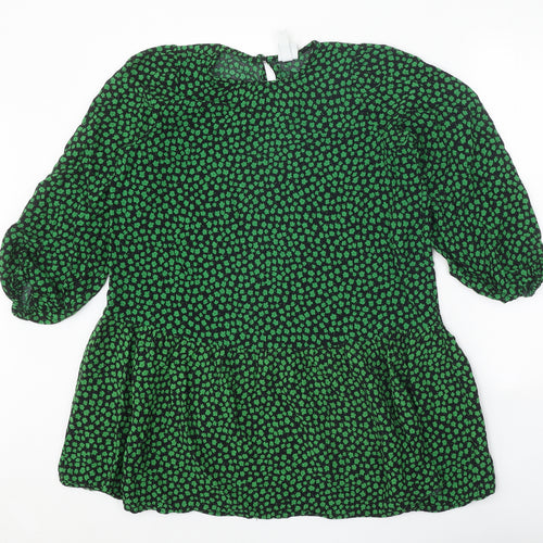 H&M Womens Green Geometric Viscose Shift Size S Round Neck Button - Drop hem