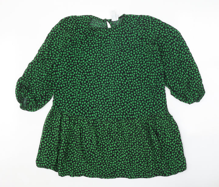 H&M Womens Green Geometric Viscose Shift Size S Round Neck Button - Drop hem