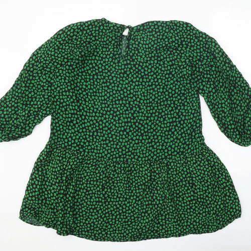 H&M Womens Green Geometric Viscose Shift Size S Round Neck Button - Drop hem