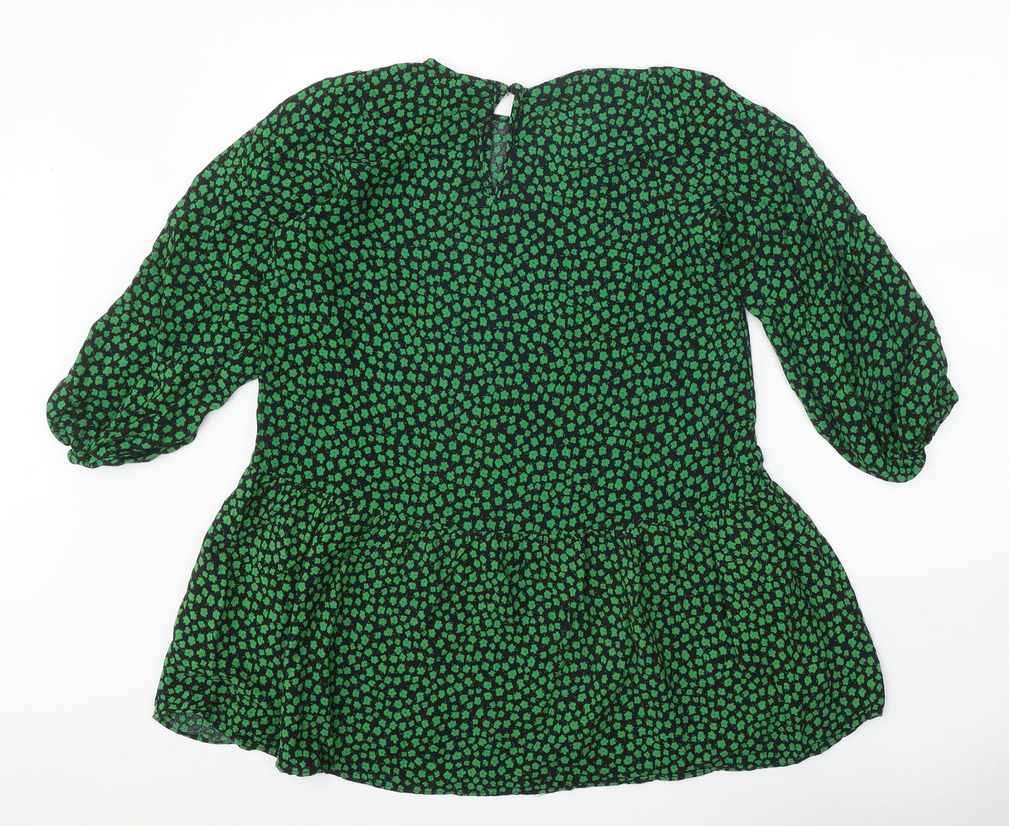 H&M Womens Green Geometric Viscose Shift Size S Round Neck Button - Drop hem