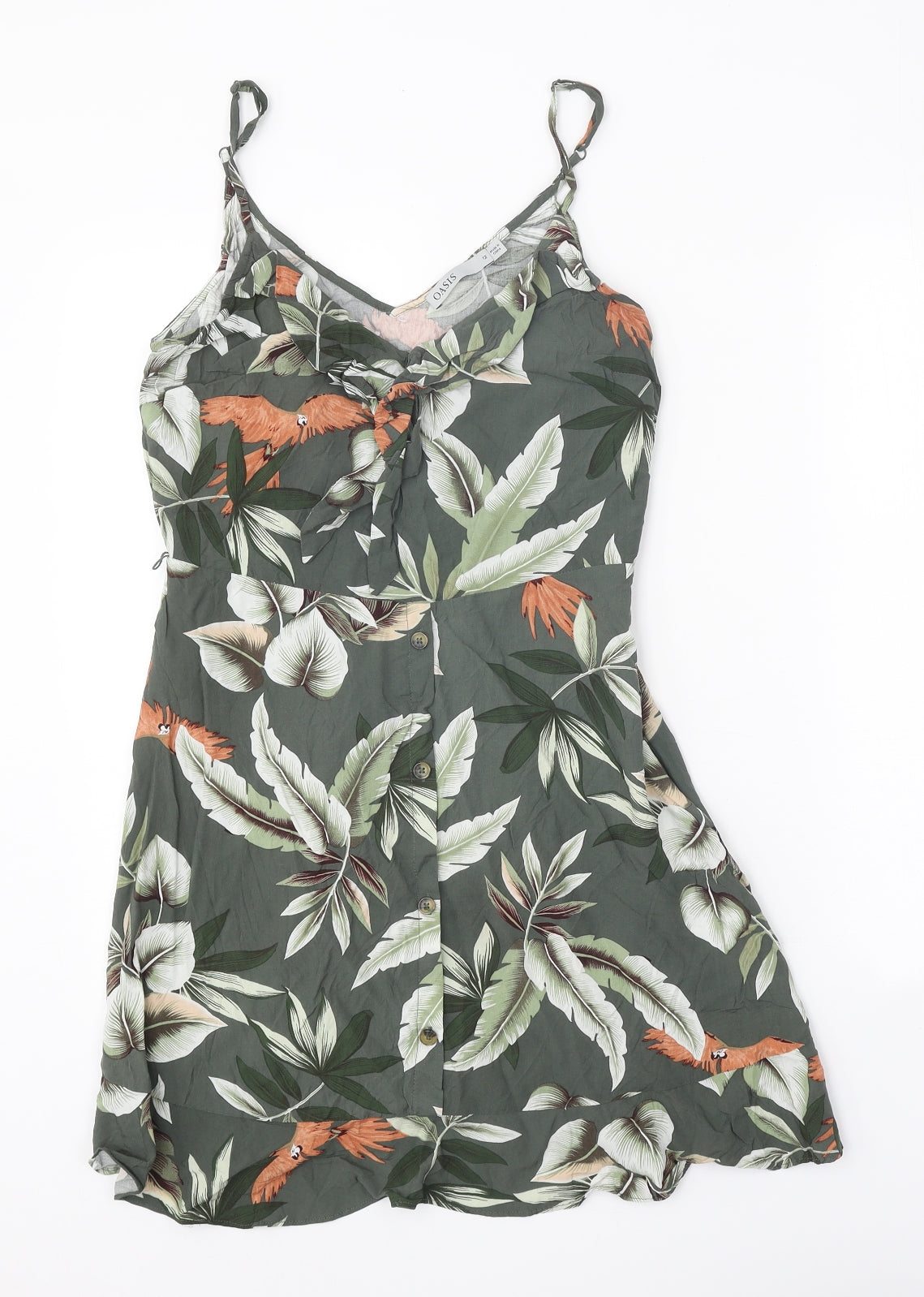 Oasis Womens Green Geometric Viscose Mini Size 12 V-Neck Button